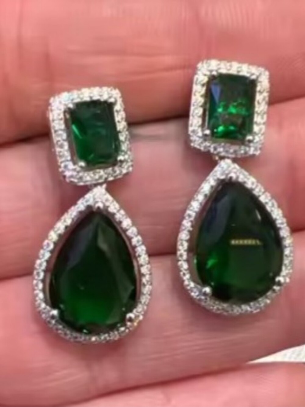 White Rhodium Teardrop Emerald Halo Drop Earrings